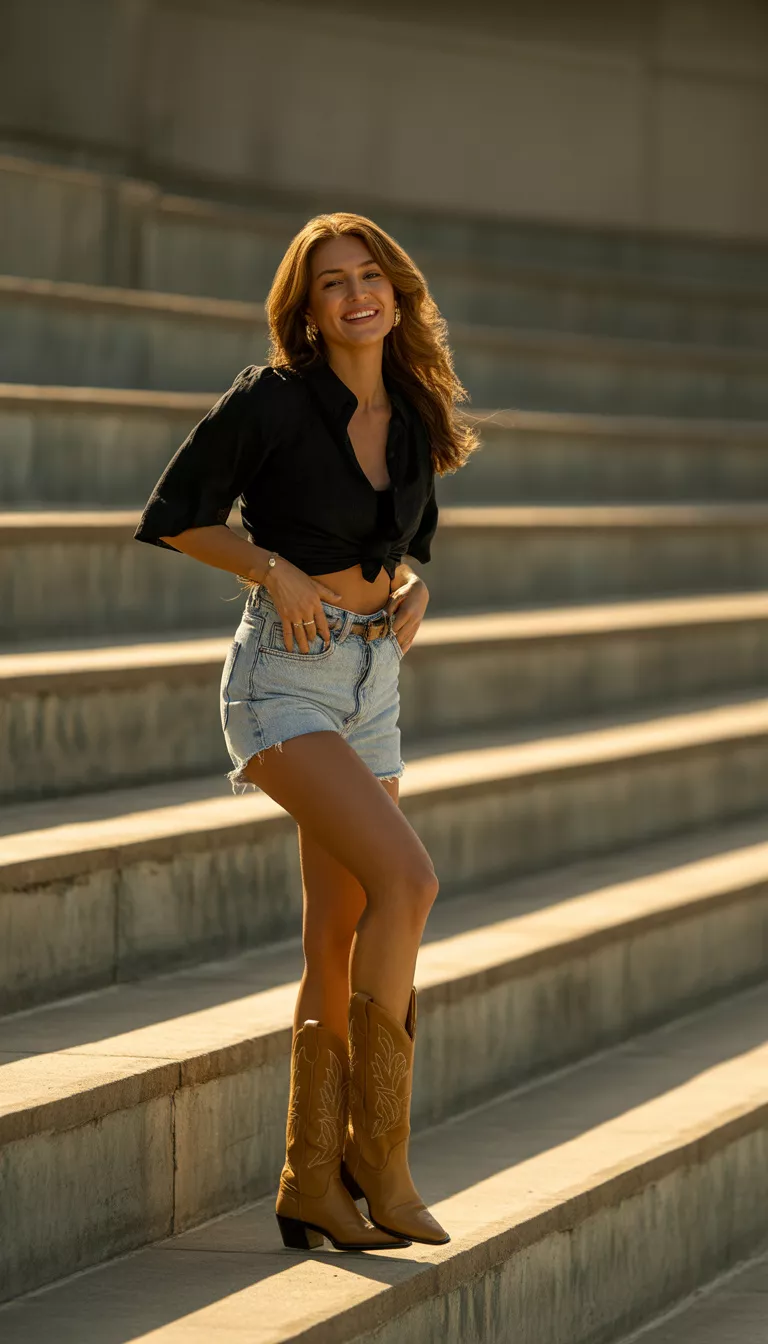 A beautiful woman in a black cropped blouse, light wash denim shorts, and tall tan cowboy boots, standing smiling on concrete stadium stairs.