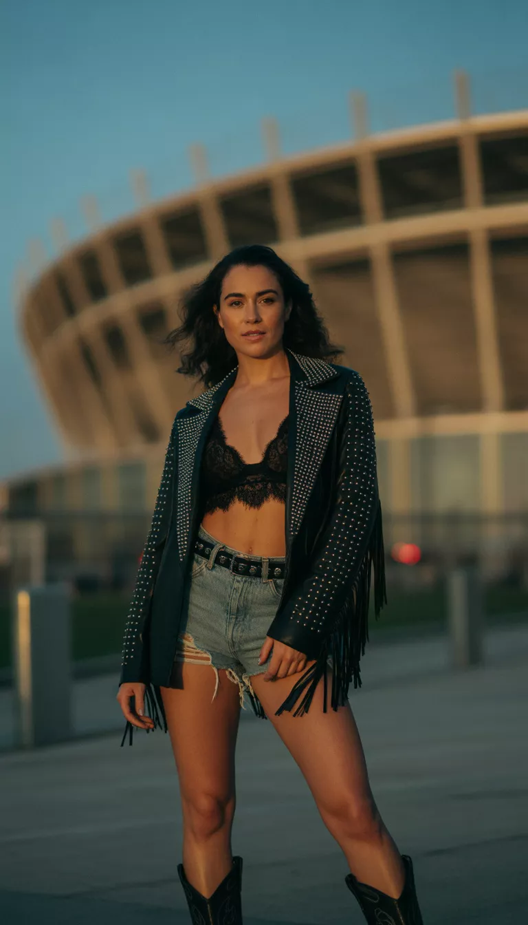 A beautiful woman in a black studded fringe jacket, black lace bralette, distressed denim shorts, and black cowboy boots, standing outside a large stadium.