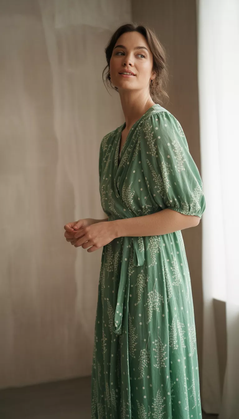 A beautiful woman in a green midi wrap dress with a white fern-like dot pattern and puff sleeves, poses indoors against a textured wall.