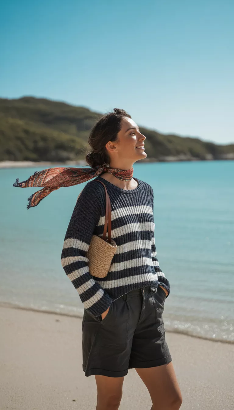 A beautiful woman in a navy and white striped knit sweater, dark shorts, and a small woven bag with a patterned scarf, stands by the water.