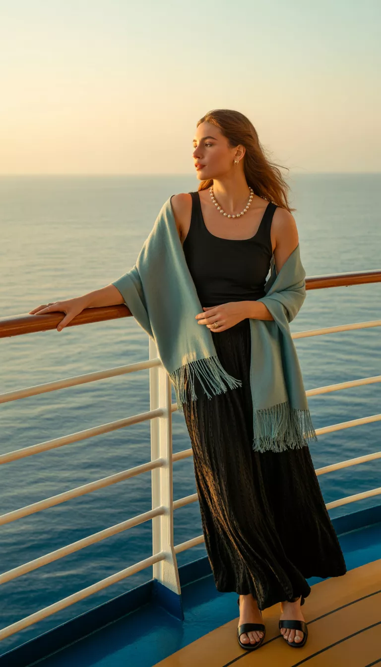 A beautiful woman in a black tank top, textured black maxi skirt, pearl necklace, and light blue fringed shawl, stands on a cruise balcony.