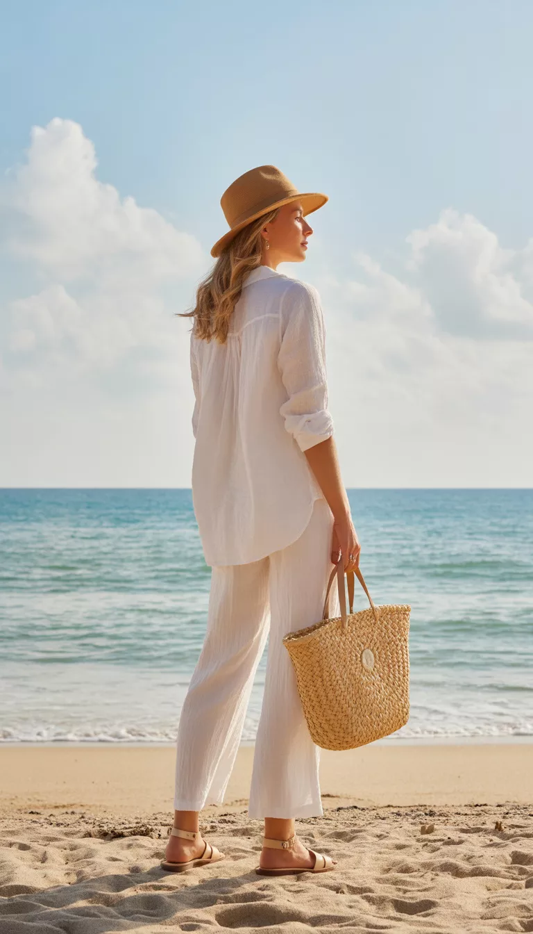A beautiful woman in a white linen-style long-sleeved button-up and wide-leg pants, straw hat, and sandals, gazes at the ocean.