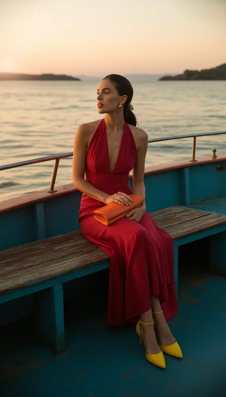 A beautiful woman in a plunging red halter-neck maxi dress, yellow ankle-strap heels, and an orange clutch, sits on a boat bench at dusk.