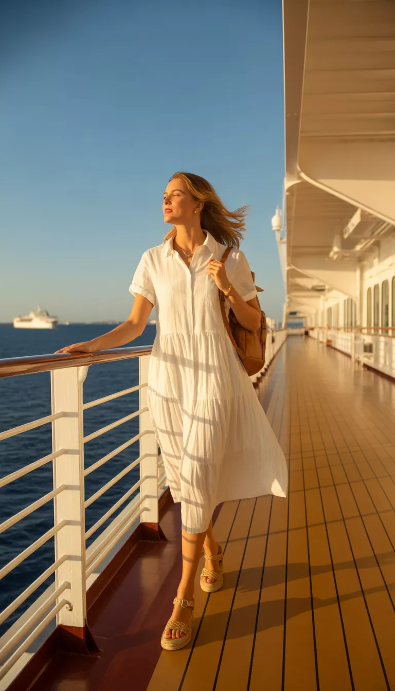 A beautiful woman in a white collared midi dress, brown wedge sandals, and a backpack, walks on a cruise ship deck under the sun.