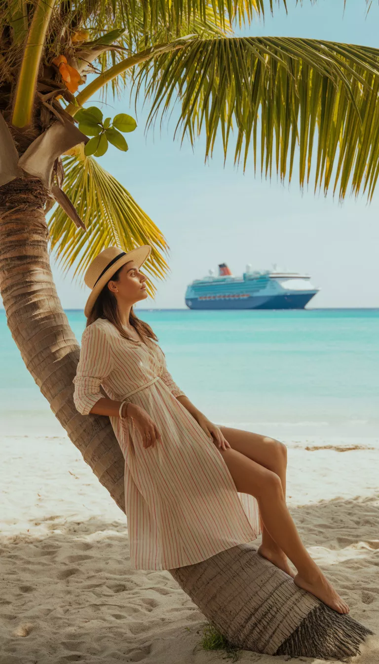 A beautiful woman in a beige and pink striped long-sleeve dress and a straw hat, leans against a palm tree on a sandy beach near a cruise ship.