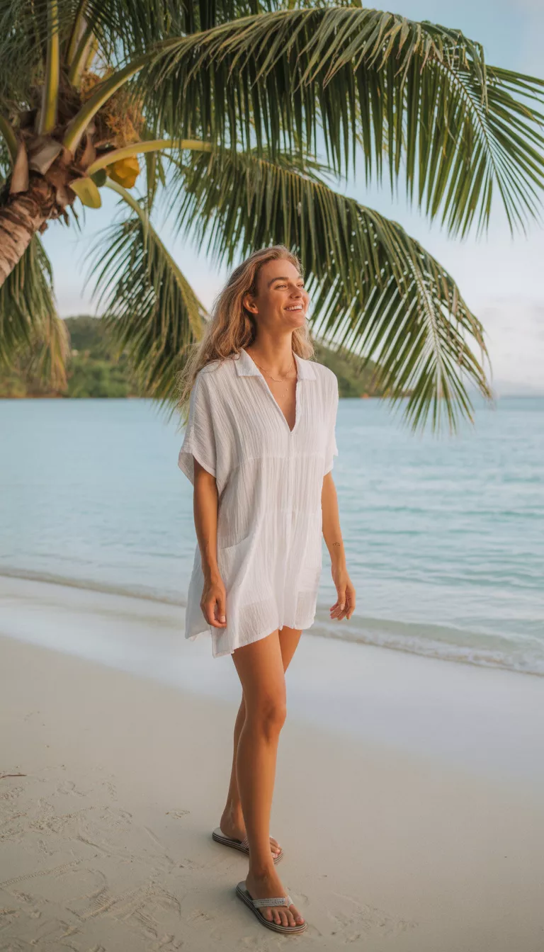 A beautiful woman in a white textured short-sleeved beach cover-up dress and flip-flops, smiles on a sunny beach with palm trees.
