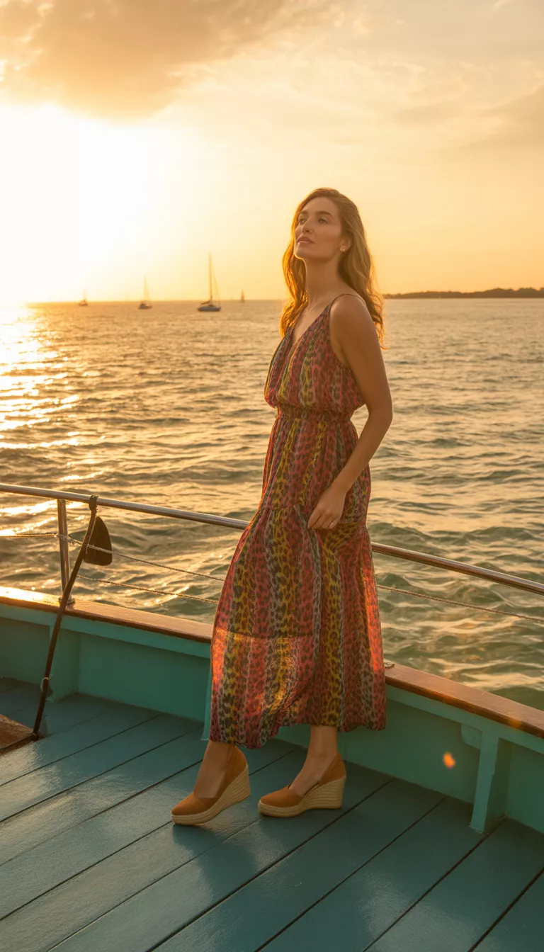 A beautiful woman in a colorful leopard print maxi dress with espadrille wedges, stands on a boat deck at sunset overlooking the ocean.