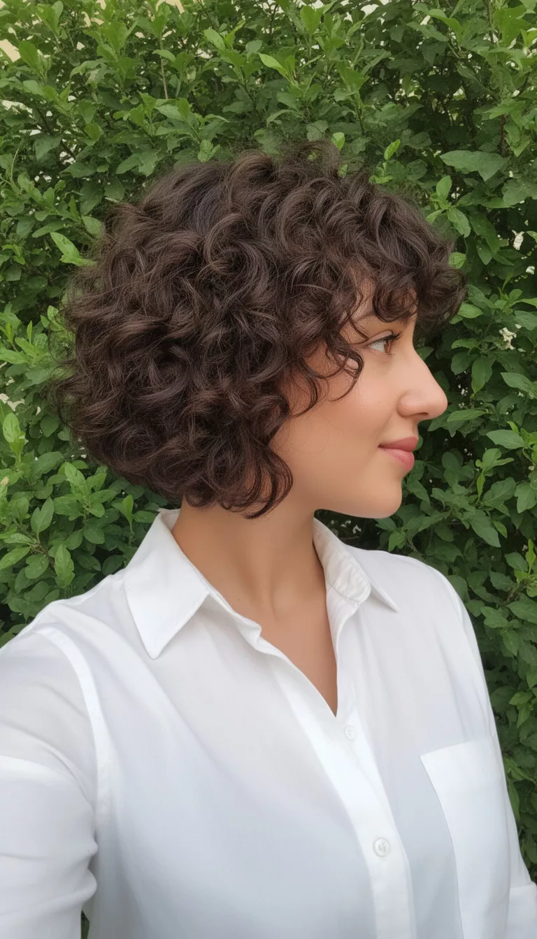 selfie of a 33-year-old woman wearing a white shirt with a dark brown colored short curly bob and curly bangs hairstyle, side view, green foliage backdrop.