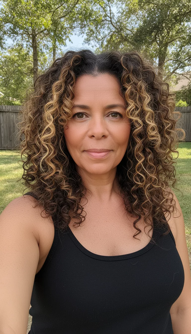 selfie of a 45-year-old woman wearing a black tank top with a dark brown colored voluminous natural curls with blonde streaks hairstyle, front view, outdoors.