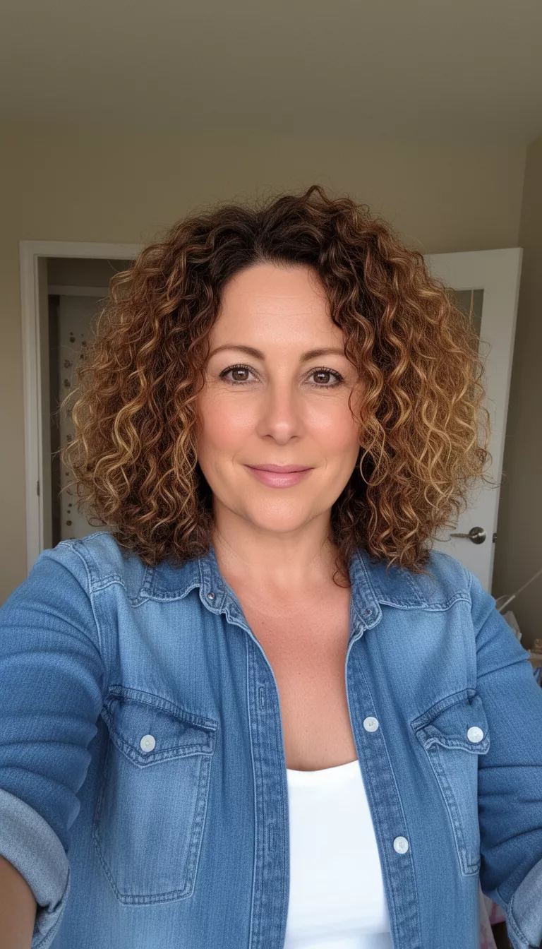 selfie of a 43-year-old woman wearing a blue denim shirt over a white top with a brown colored voluminous medium-length curly hairstyle with lighter highlights, front view, indoor setting.