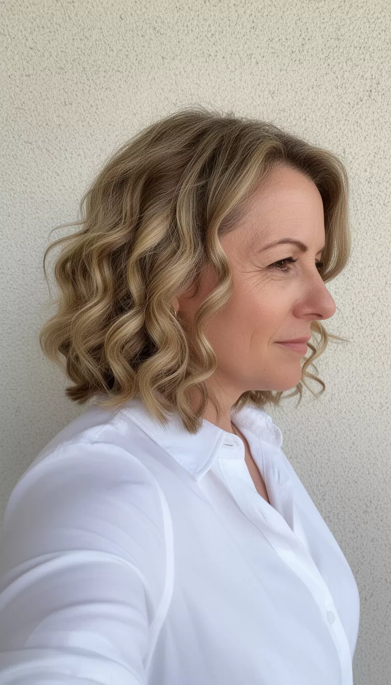 selfie of a 39-year-old woman wearing a white shirt with a blonde/light brown colored shoulder-length curls hairstyle, side view, light-colored textured wall.