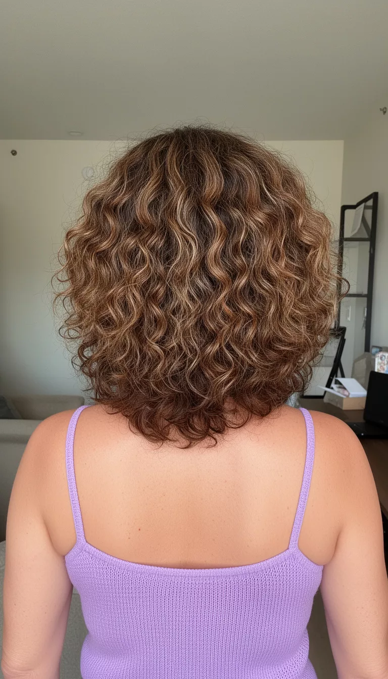 selfie of a 48-year-old woman wearing a lavender knit cami with a brown colored voluminous medium-length curly hairstyle with highlights, back view, indoor setting.