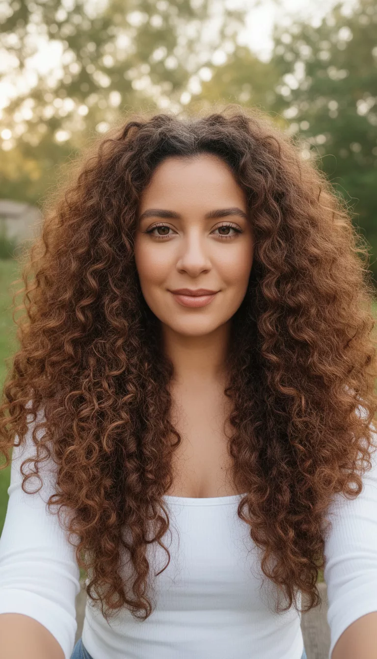 selfie of a 36-year-old woman wearing a white top with a brown colored long voluminous natural curly hairstyle, front view, soft outdoor lighting.