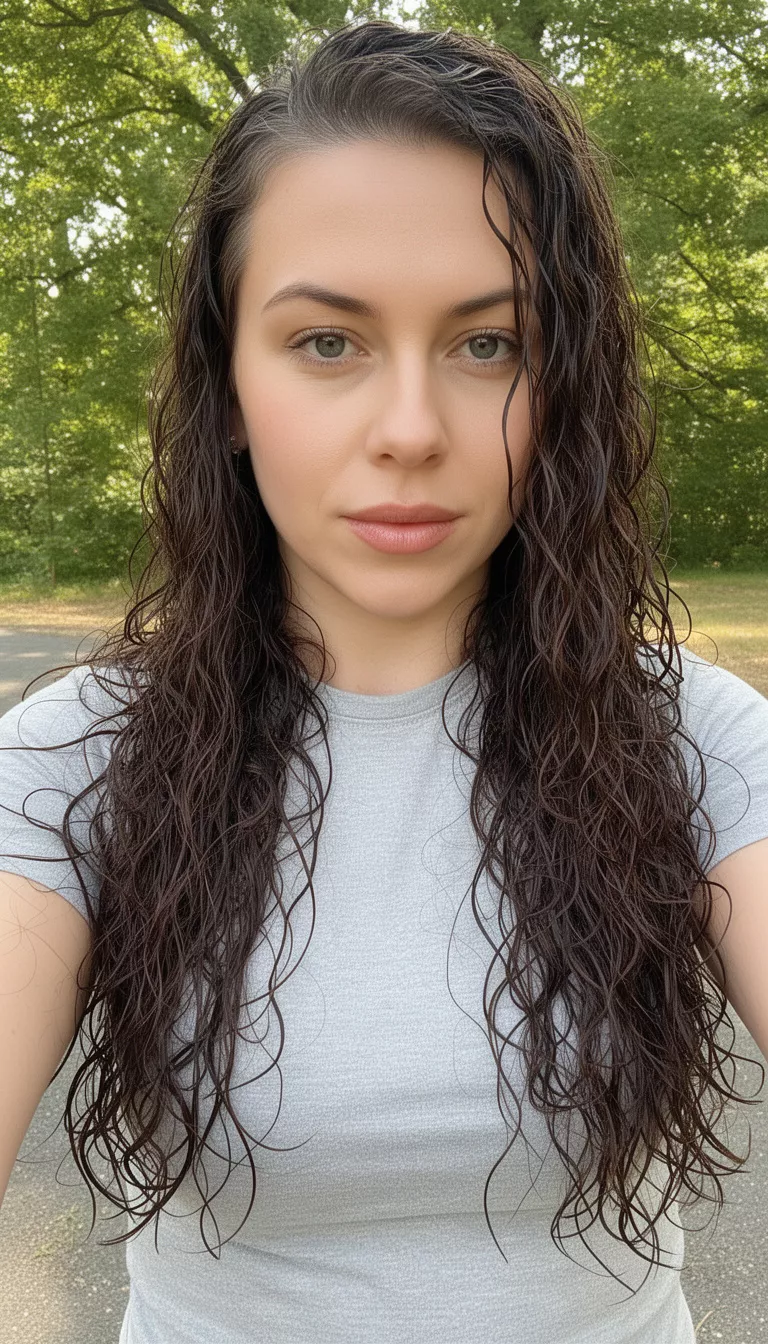 selfie of a 31-year-old woman wearing a light gray top with a dark brown colored long wet-look curly hairstyle, front view, close-up outdoor shot.