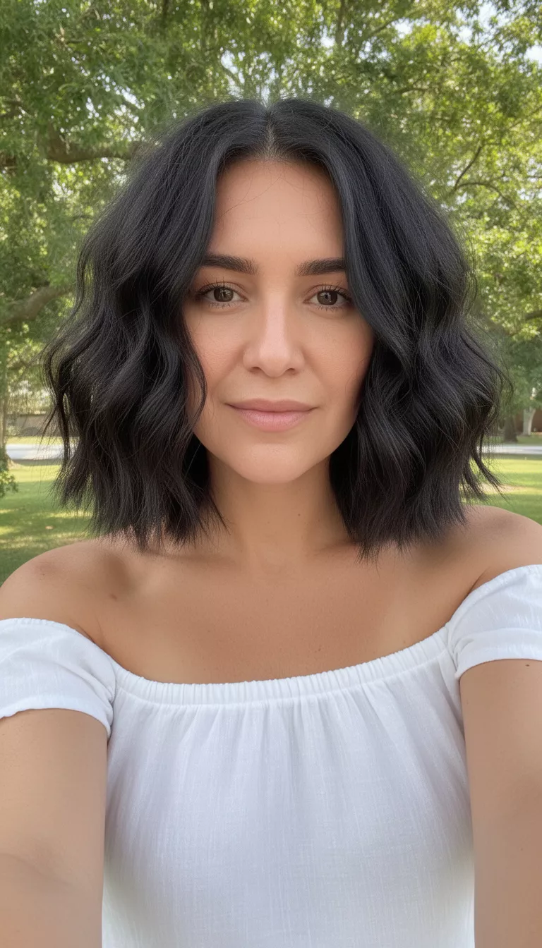 selfie of a 35-year-old woman wearing a white off-the-shoulder top with a dark colored choppy wavy medium-length hairstyle, front view, outdoors.