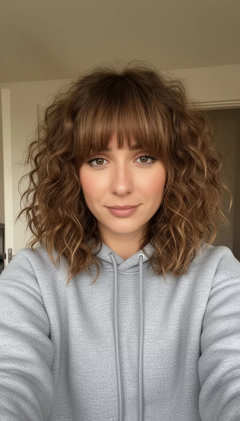 selfie of a 29-year-old woman wearing a gray hooded sweatshirt with a brown colored medium-length tousled curly hairstyle with shaggy bangs, front view, indoor setting.