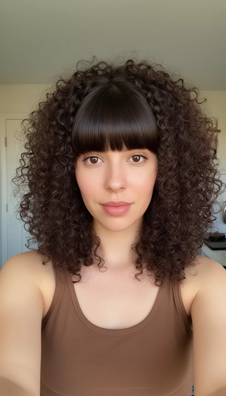 selfie of a 28-year-old woman wearing a brownish tank top with a dark brown colored very curly voluminous hairstyle and full bangs, front view, indoor setting.