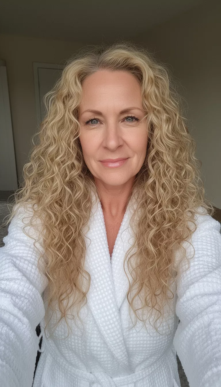 selfie of a 40-year-old woman wearing a white textured bathrobe with a blonde colored very long abundant curly hairstyle, front view, soft-lit setting.