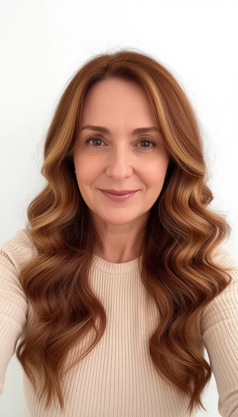 selfie of a 42-year-old woman wearing a light beige ribbed top with a auburn colored long wavy hairstyle with light brown highlights, front view, white background.