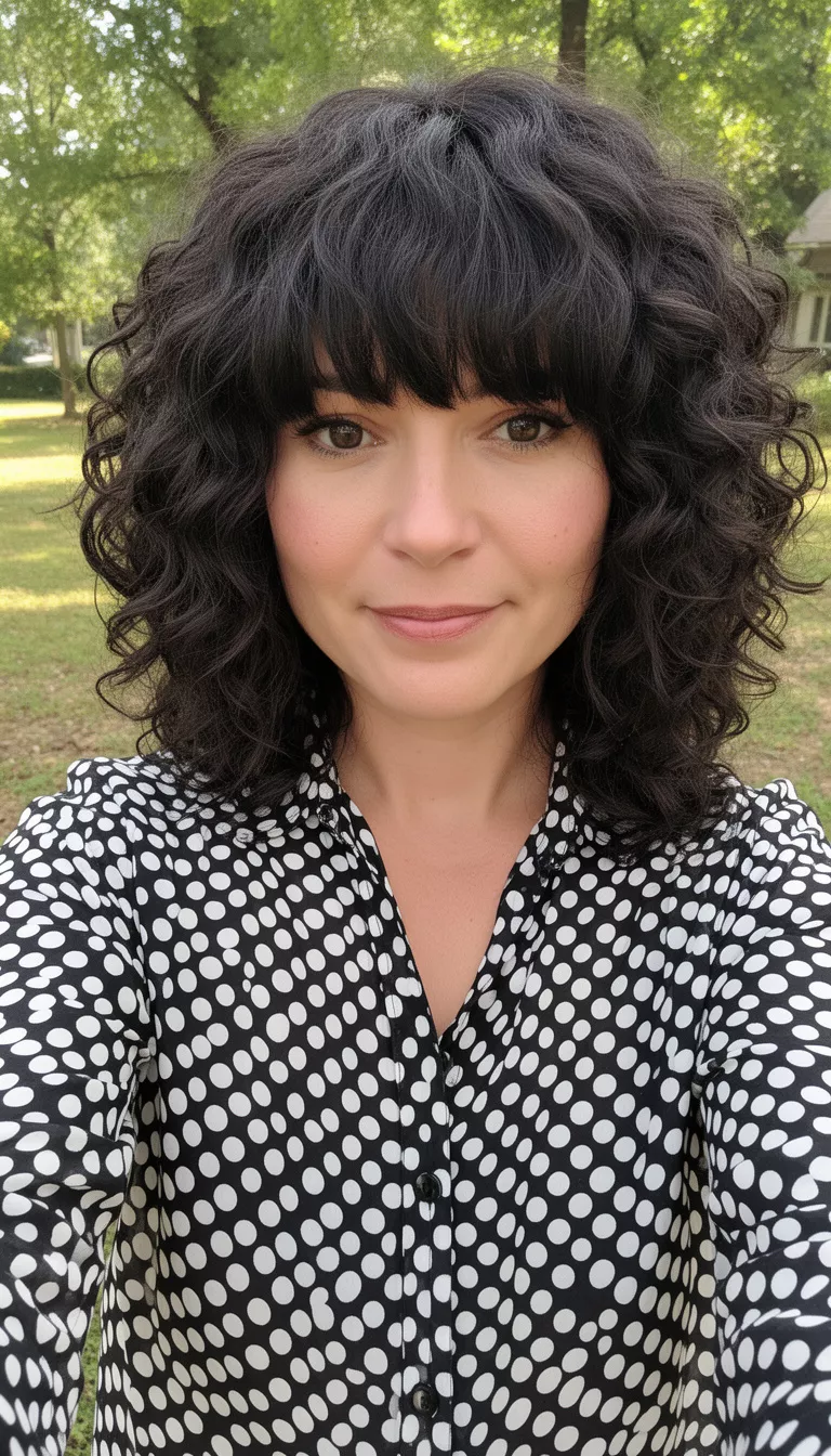 selfie of a 32-year-old woman wearing a black and white polka-dotted shirt with a dark colored curly shag hairstyle with curly bangs, front view, outdoors.