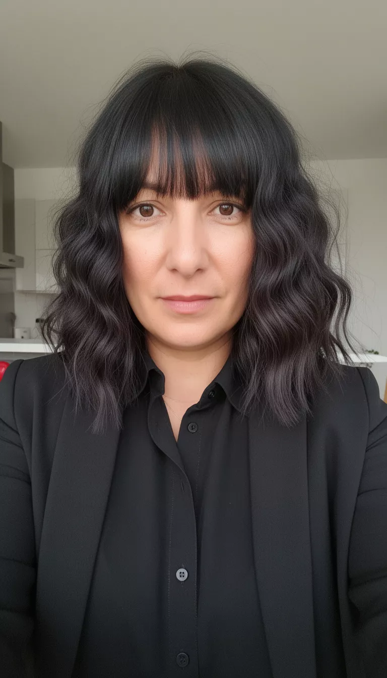 selfie of a 38-year-old woman wearing a black collared shirt and jacket with a dark colored wavy lob with long bangs hairstyle, front view, indoor setting.