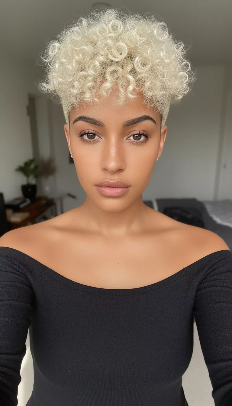 selfie of a 27-year-old woman wearing a black off-the-shoulder top with a bleached platinum blonde colored very short naturally curly hairstyle, front view, indoor setting.