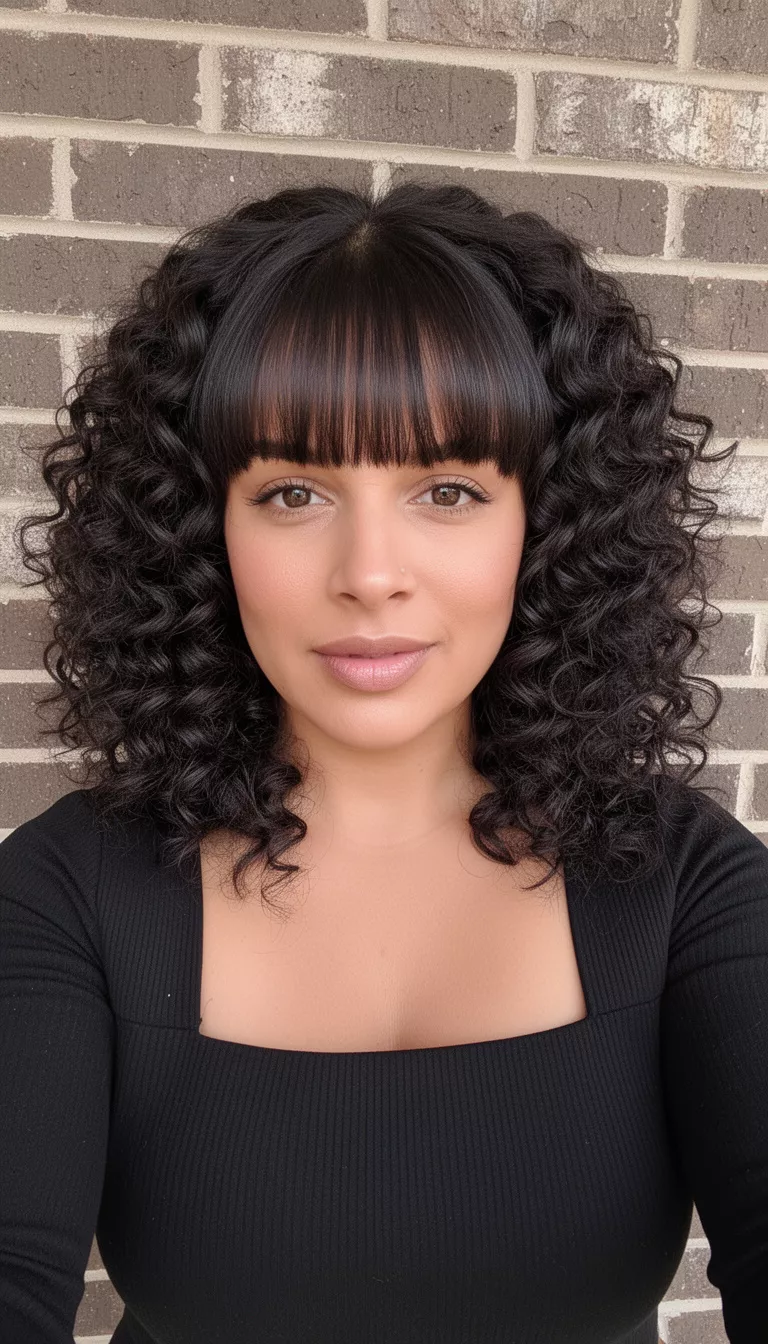 selfie of a 32-year-old woman wearing a black square-neck top with a dark colored voluminous defined curls and bangs hairstyle, front view, brick wall.