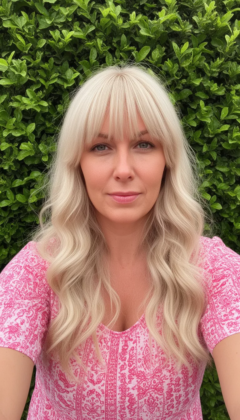 selfie of a 31-year-old woman wearing a pink and white patterned top with a blonde colored long wavy hairstyle with bangs, front view, green foliage.