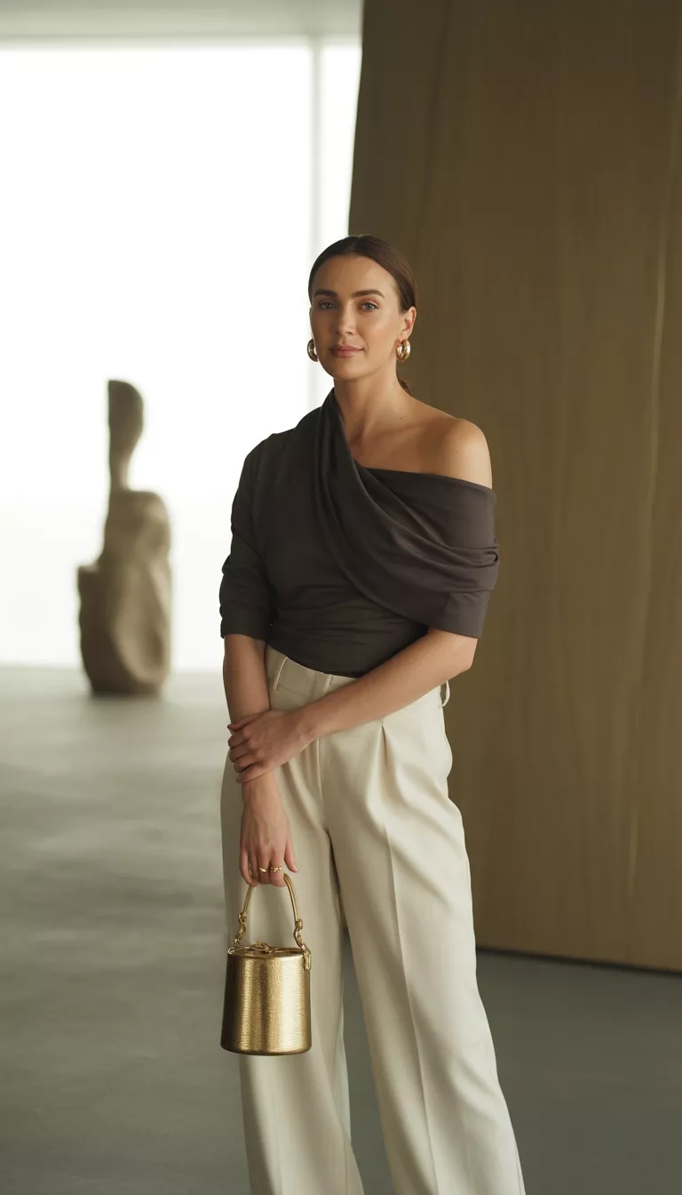 A realistic photo of a woman standing indoors wearing a dark off-the-shoulder asymmetrical top tucked into cream wide-leg trousers, holding a small gold bucket bag, with minimalist decor and soft lighting in the background.