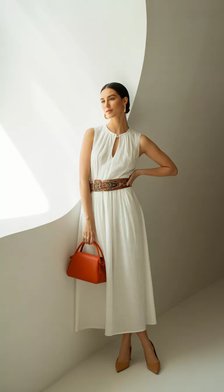A realistic photo of a woman modeling a white sleeveless midi dress with a keyhole neckline, featuring a colorful patterned sash tied at the waist, paired with tan heels and a vibrant orange leather handbag, standing against a clean white wall.