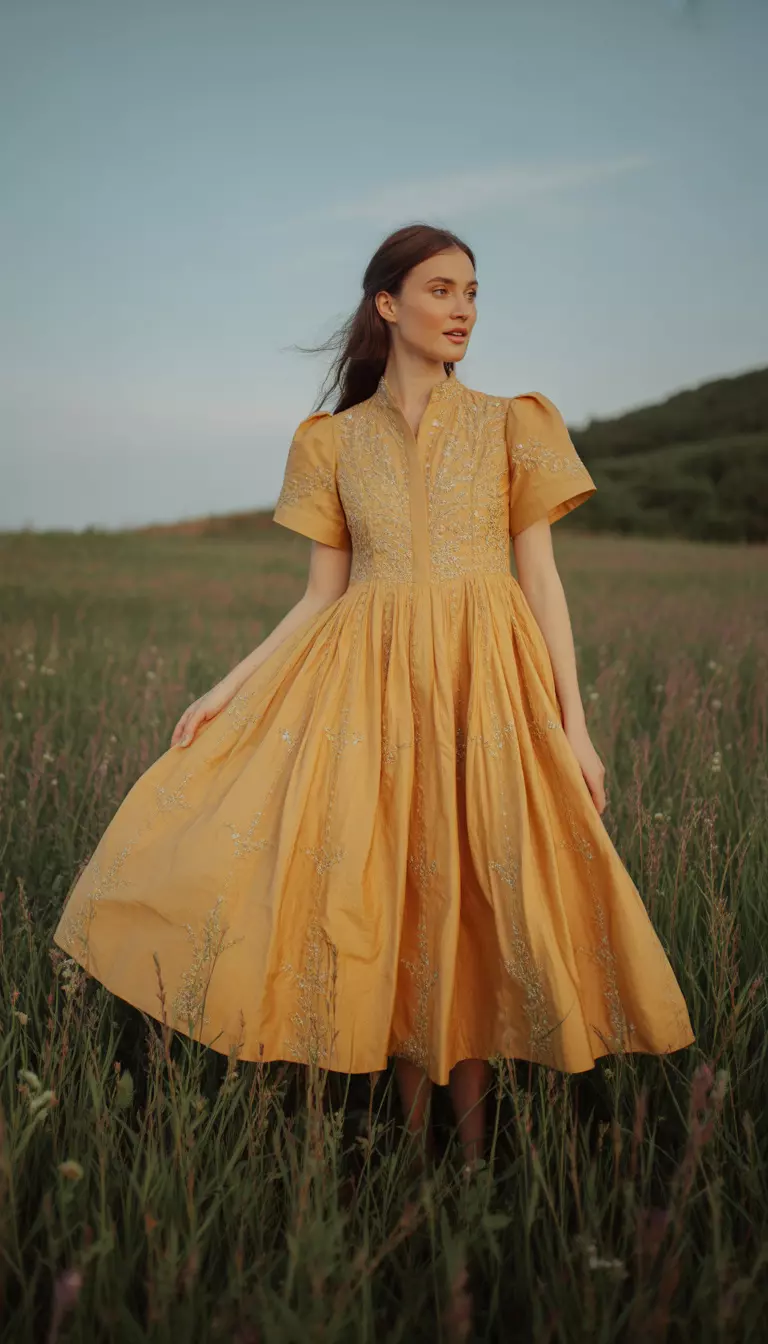 A beautiful woman in a voluminous golden yellow tea length dress with short sleeves, a high collared neckline, and silver embroidery detailing throughout the fabric.