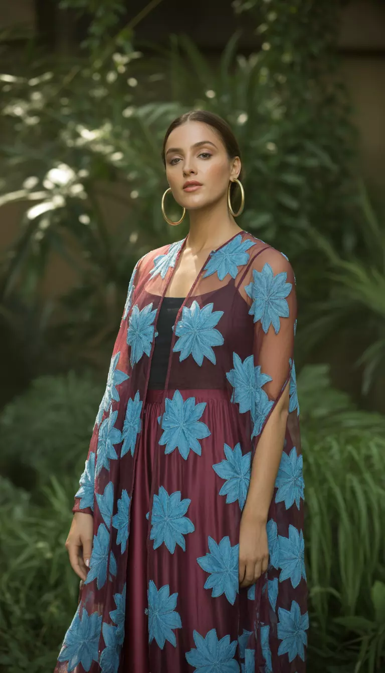 A beautiful woman in a sheer long sleeved burgundy maxi dress with large light blue floral motifs, layered over dark undergarments, she wears gold hoops.