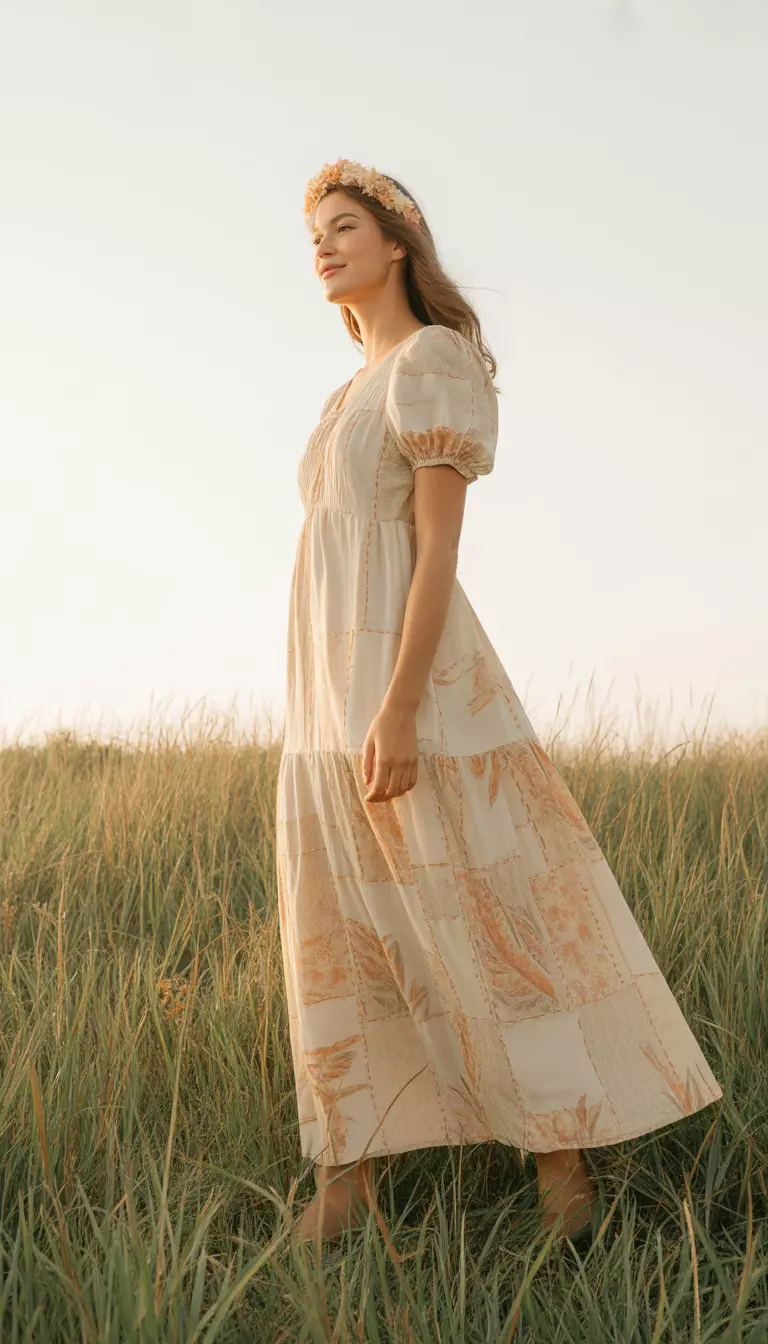 A beautiful woman in a long flowing cream maxi dress with a patchwork style print featuring muted orange and peach tropical motifs, with puffed short sleeves.
