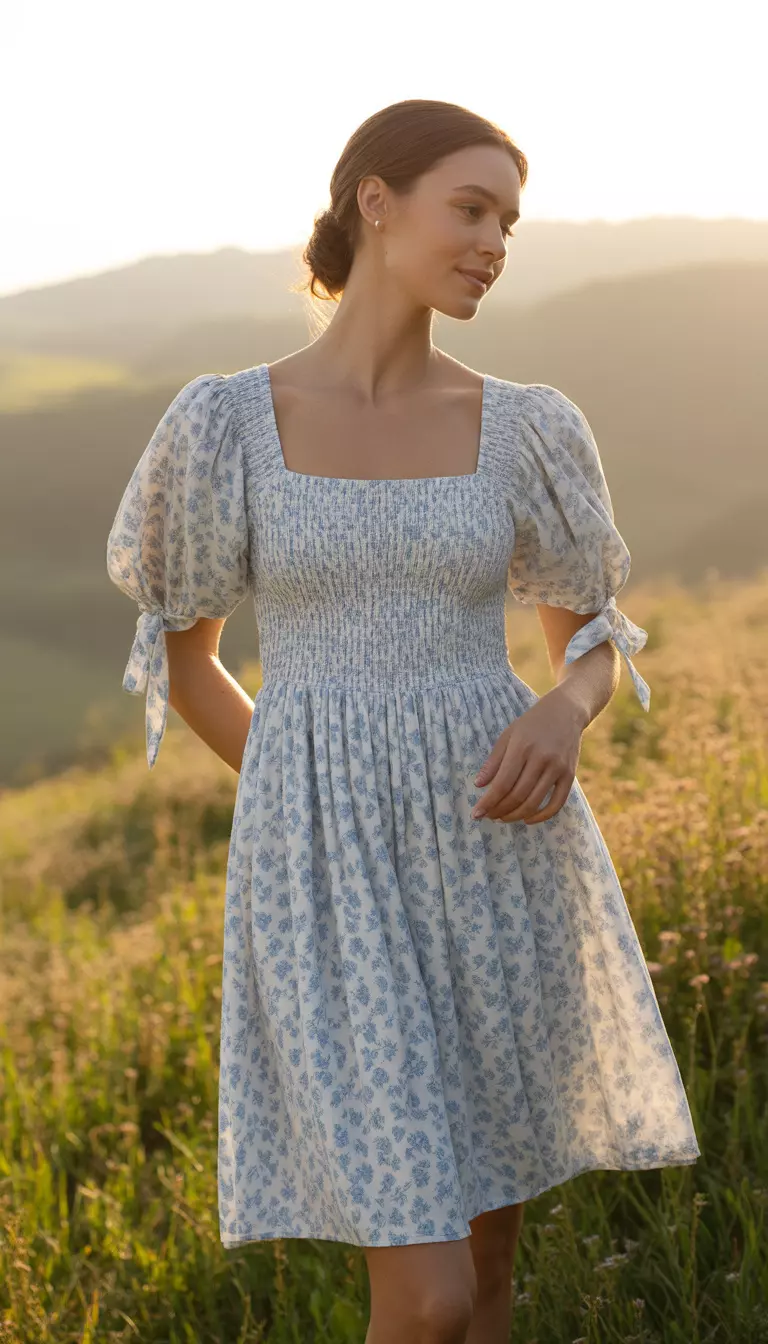 A beautiful woman in a short blue and white floral print dress featuring a smocked bodice, square neckline, and voluminous puff sleeves tied at the shoulder.