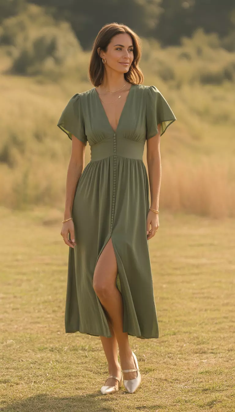 A beautiful woman in an olive green midi dress with short flutter sleeves, a deep V neckline, front button detailing, and a thigh high slit, she wears gold jewelry and two toned flats.