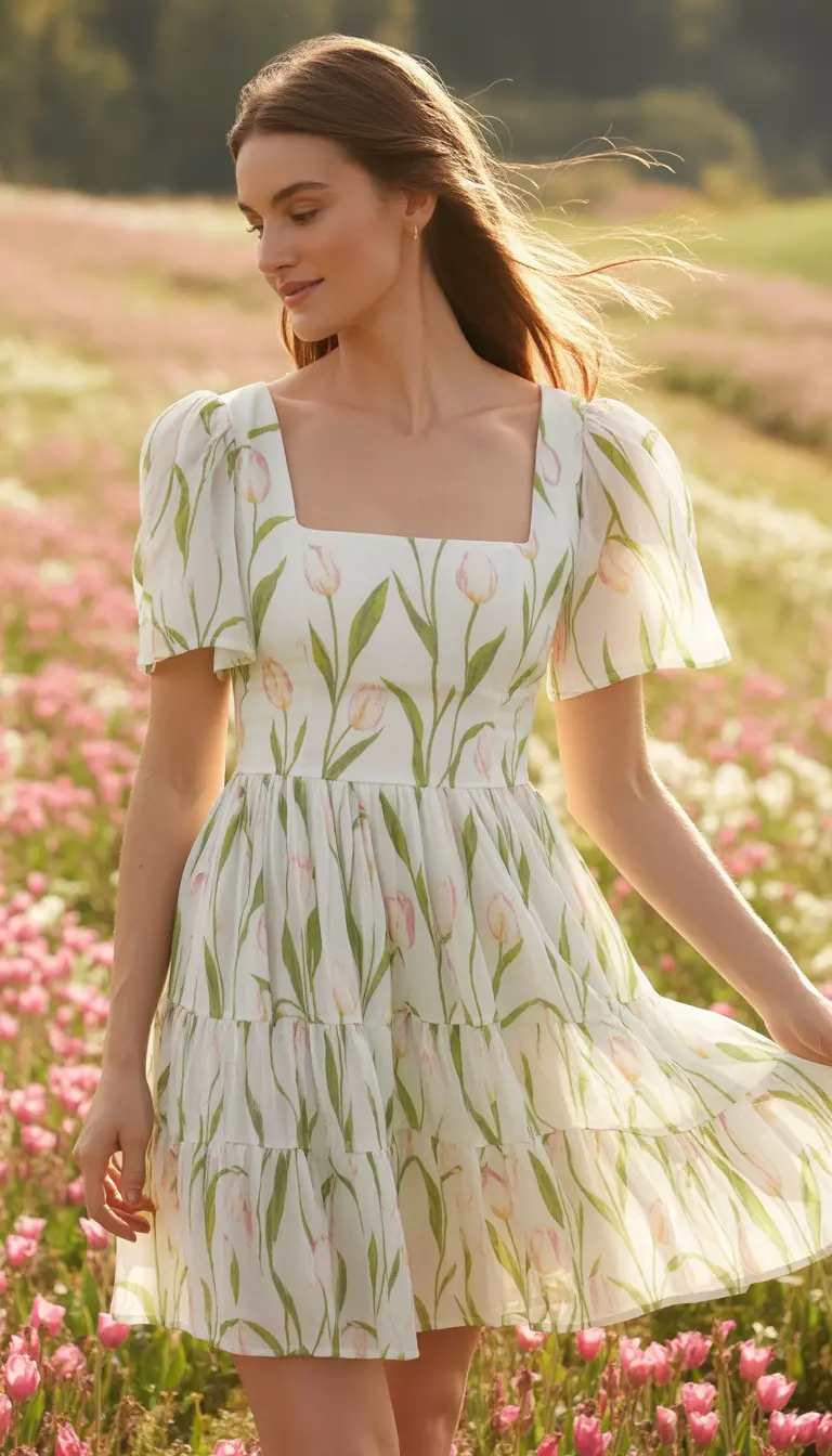 A beautiful woman in a white dress with a green and pink tulip floral pattern, featuring a fitted bodice and a tiered flared mini skirt.
