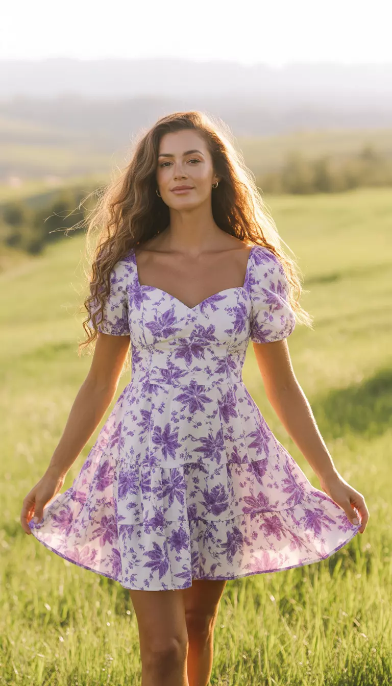 A beautiful woman in a white mini dress with a purple floral print, featuring a sweetheart neckline, short puff sleeves, and a tiered flared skirt in a grassy field.