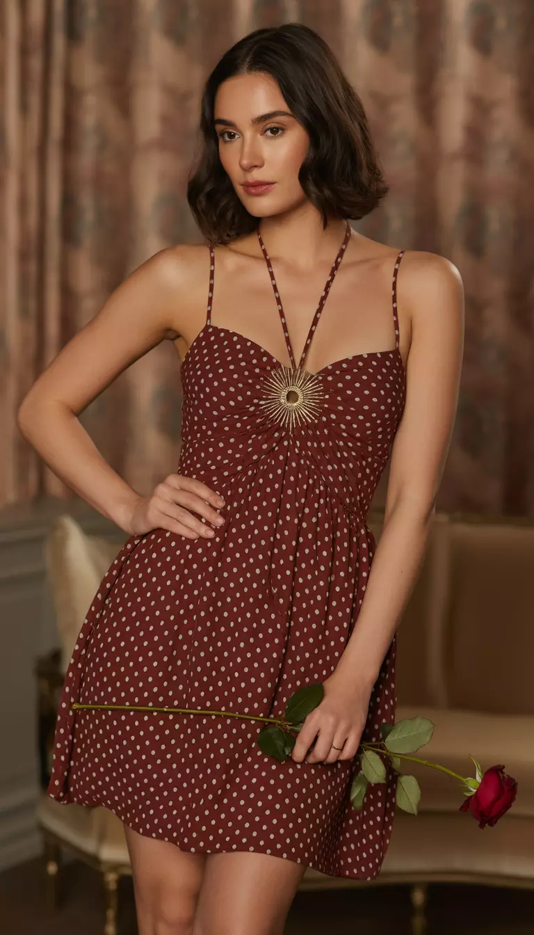 A beautiful woman in a short burgundy dress with a white polka dot print, featuring a bust gathering with a gold sunburst accent and thin straps.