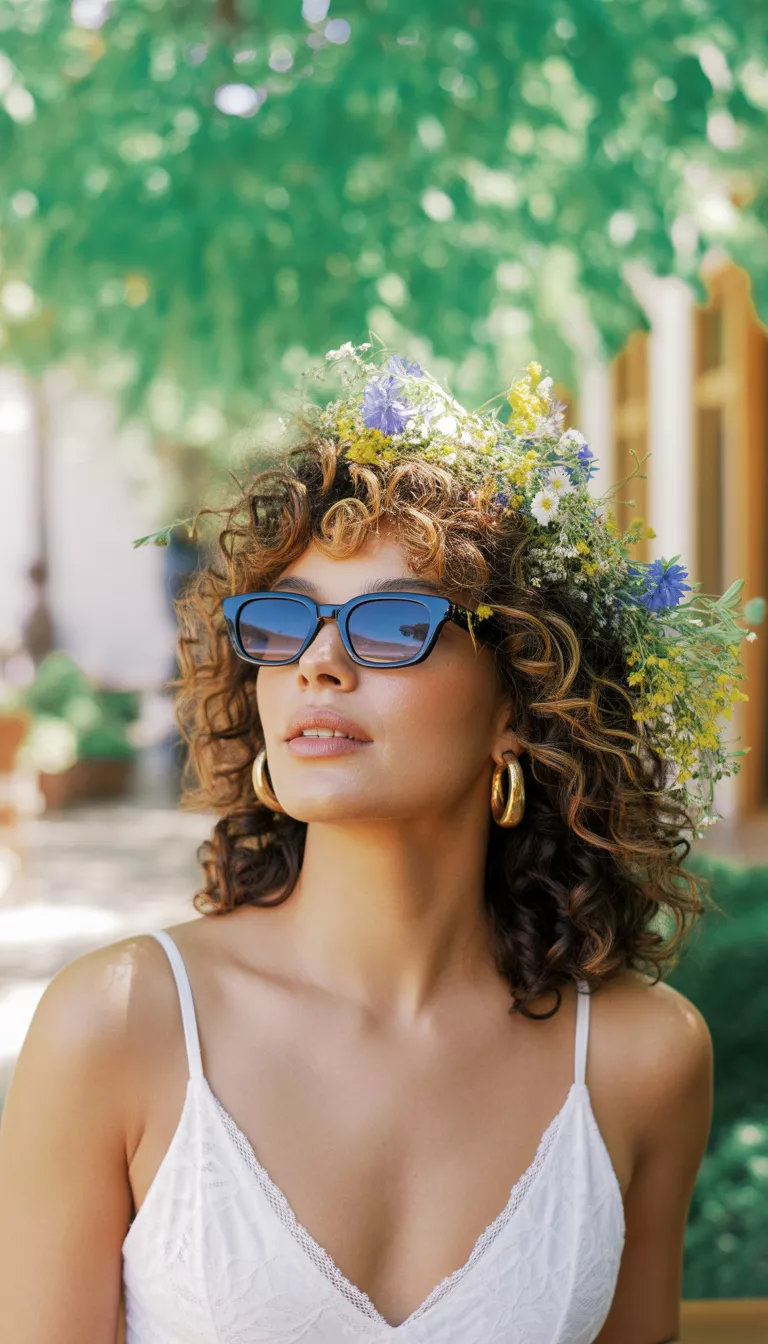 A beautiful woman with natural curly hair adorned with small colorful flowers, wearing a white lace bralette, blue rectangular sunglasses, and gold hoop earrings, sunny outdoor venue.