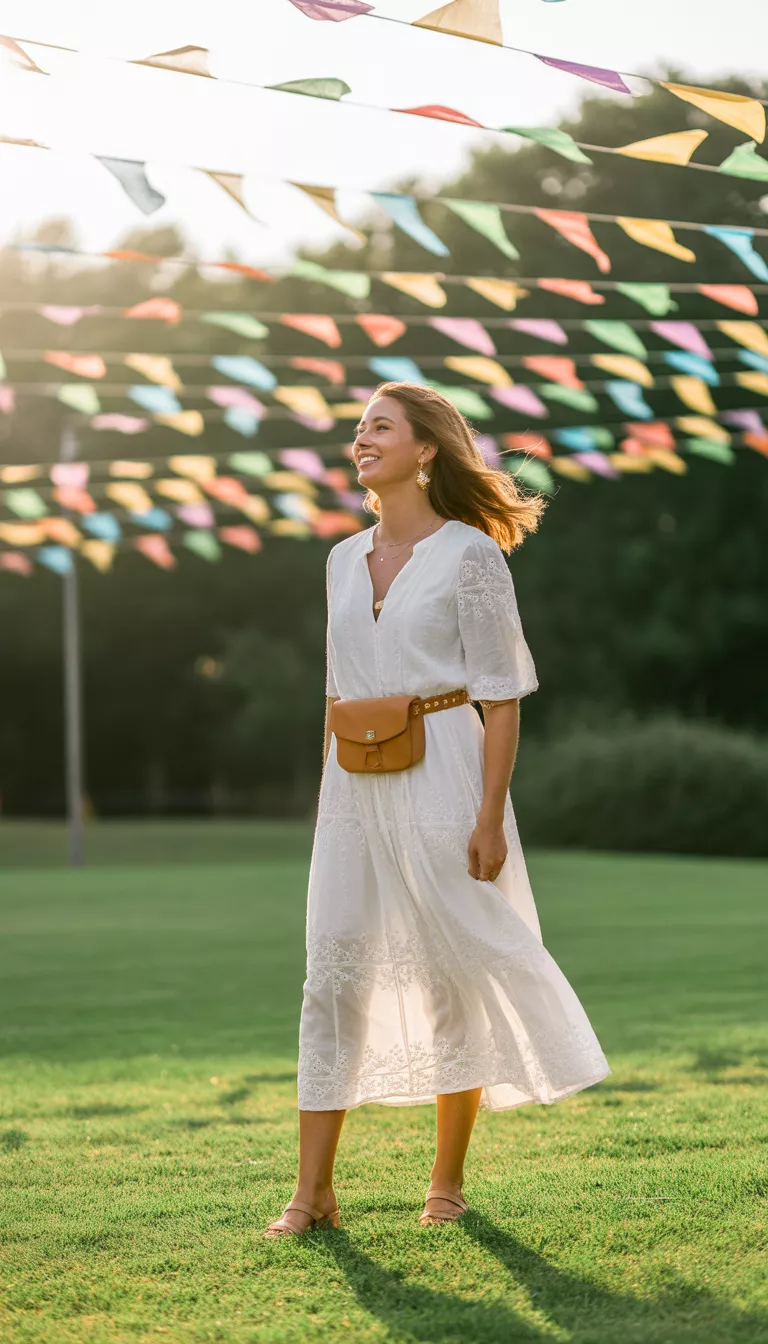 A beautiful woman in a white lace midi dress, a tan belt bag, standing on grass with colorful flags overhead, sunny outdoor festival.