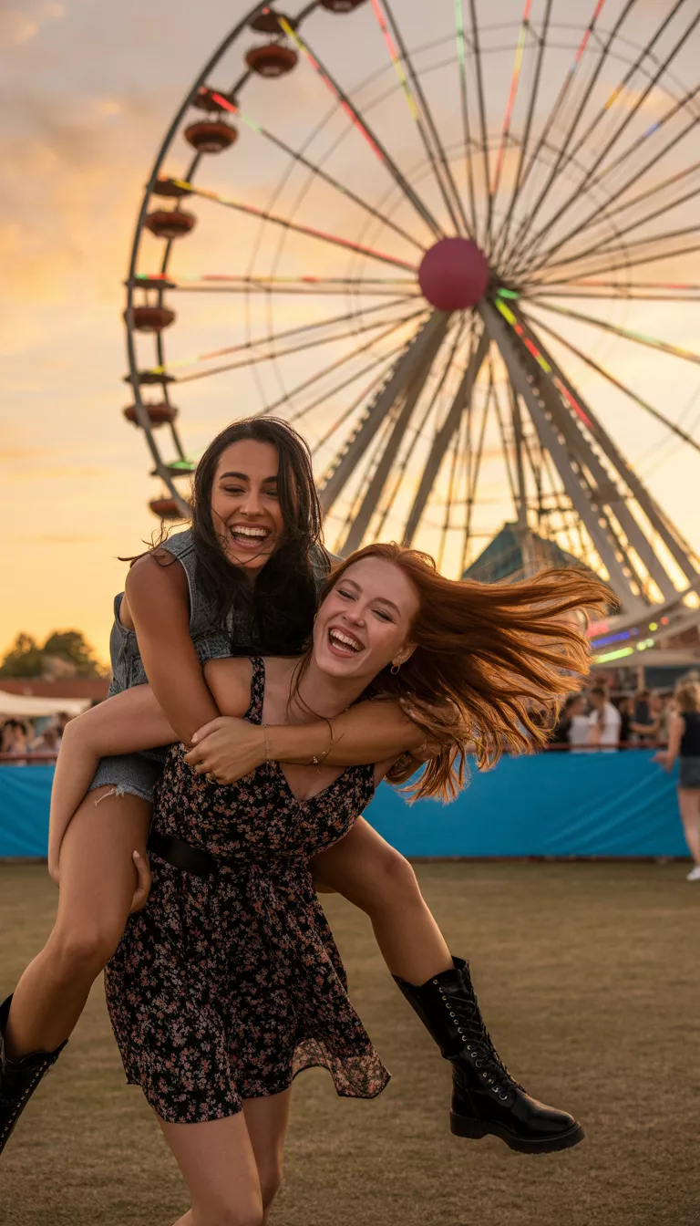 Two beautiful women celebrating at a festival with a Ferris wheel in the background, one guest wearing denim cutoffs and black leather boots while carrying her friend.