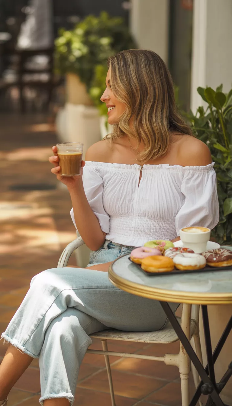 A beautiful woman in a white off-the-shoulder ruched top and light-wash cropped jeans, she enjoys an iced coffee outside a cafe with donuts on a small table.