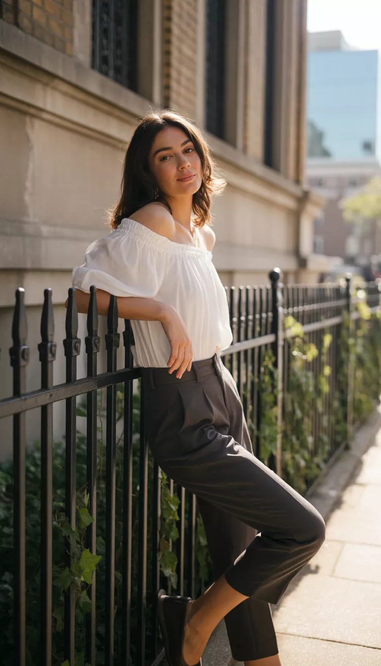 A beautiful woman in a white ruched off-the-shoulder peasant top and dark cropped trousers, she leans on a black wrought-iron fence outside an urban building.