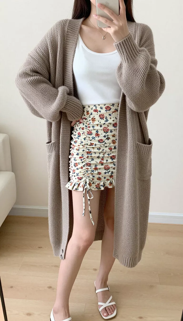 A beautiful woman in a white tank, ruched floral mini skirt, white sandals, and a long taupe chunky knit cardigan, she takes a mirror selfie indoors.