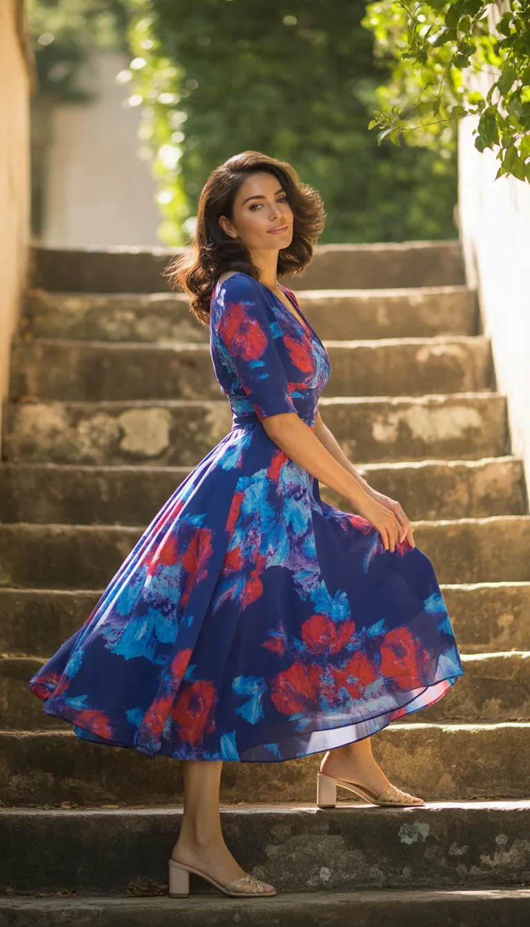 A beautiful woman in a blue midi dress featuring bright saturated red, blue, and purple floral prints and a full skirt, posing on stone steps.
