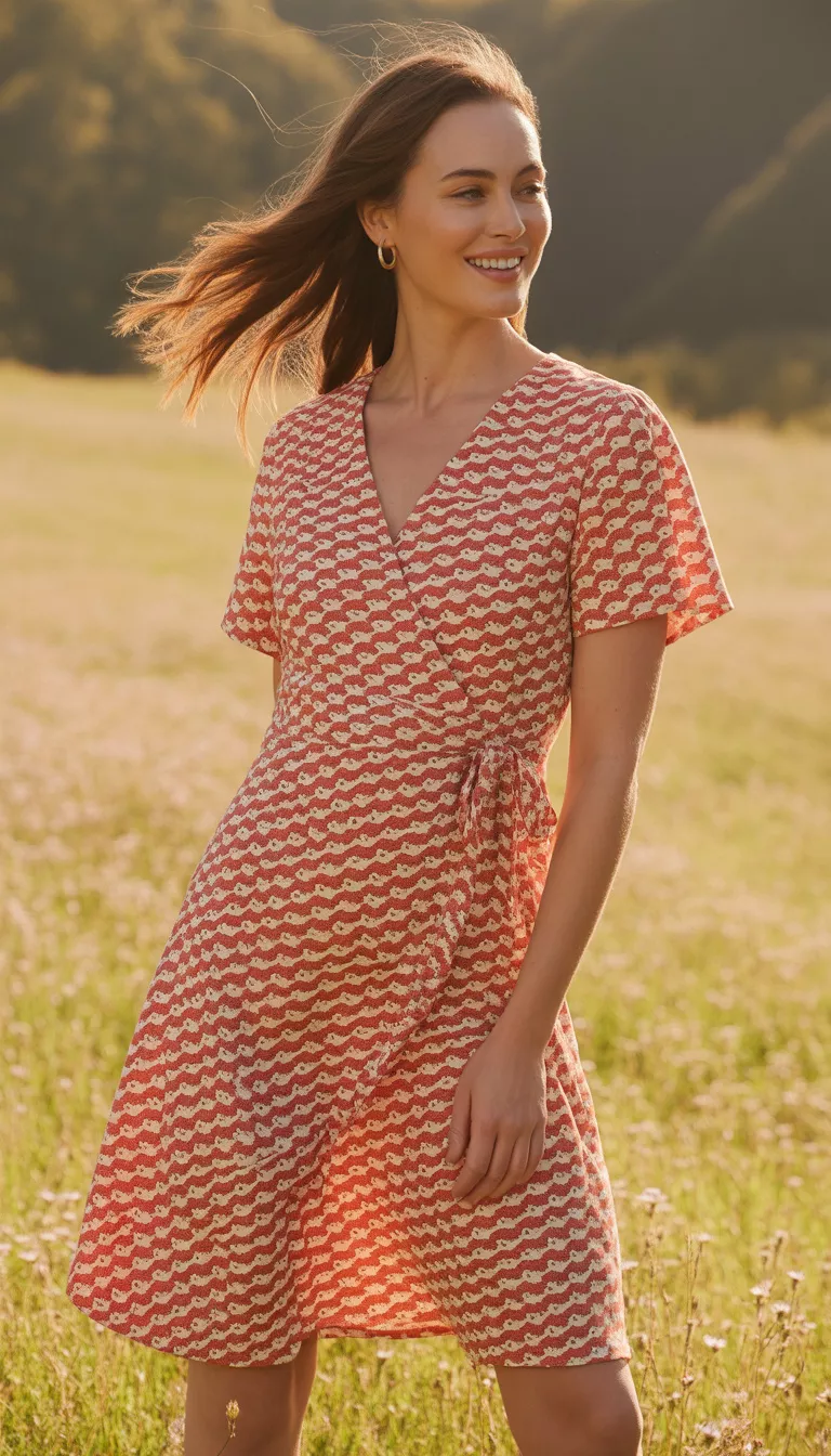 A beautiful woman in a red and white hedgehog print V-neck knee-length wrap dress.
