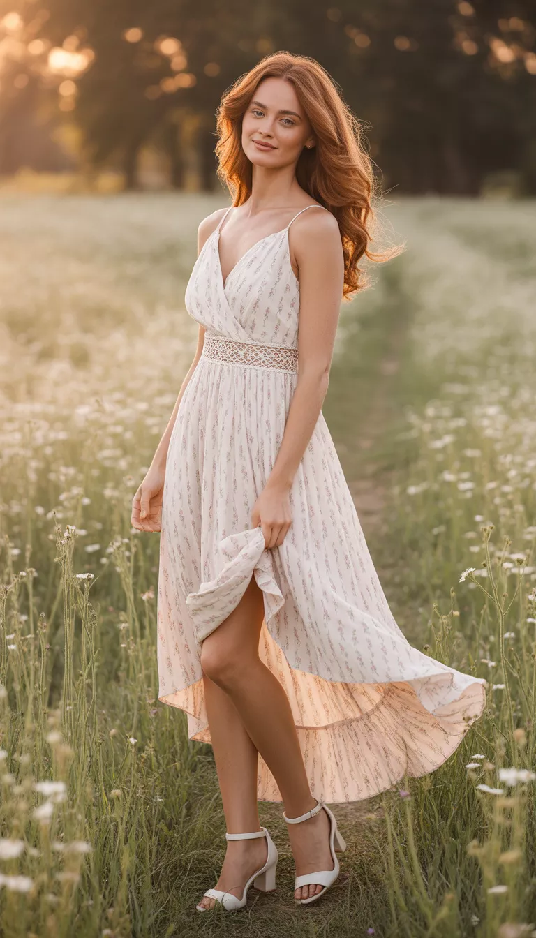 A beautiful woman in a white high-low dress with pink floral print, a delicate lace waist detail, and white ankle-strap heels.