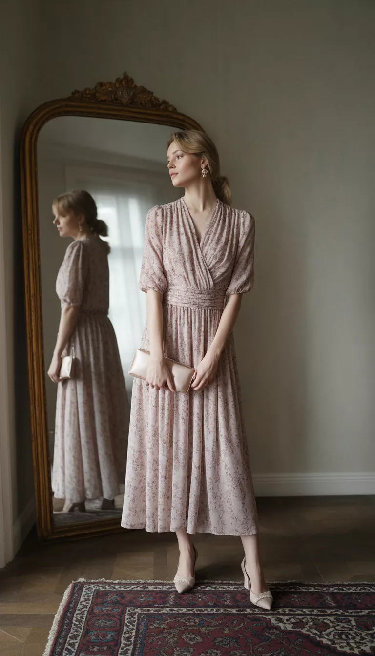 A beautiful woman in a dusty pink floral midi wrap dress with ruched details and a matching clutch, standing before a large ornate mirror indoors.