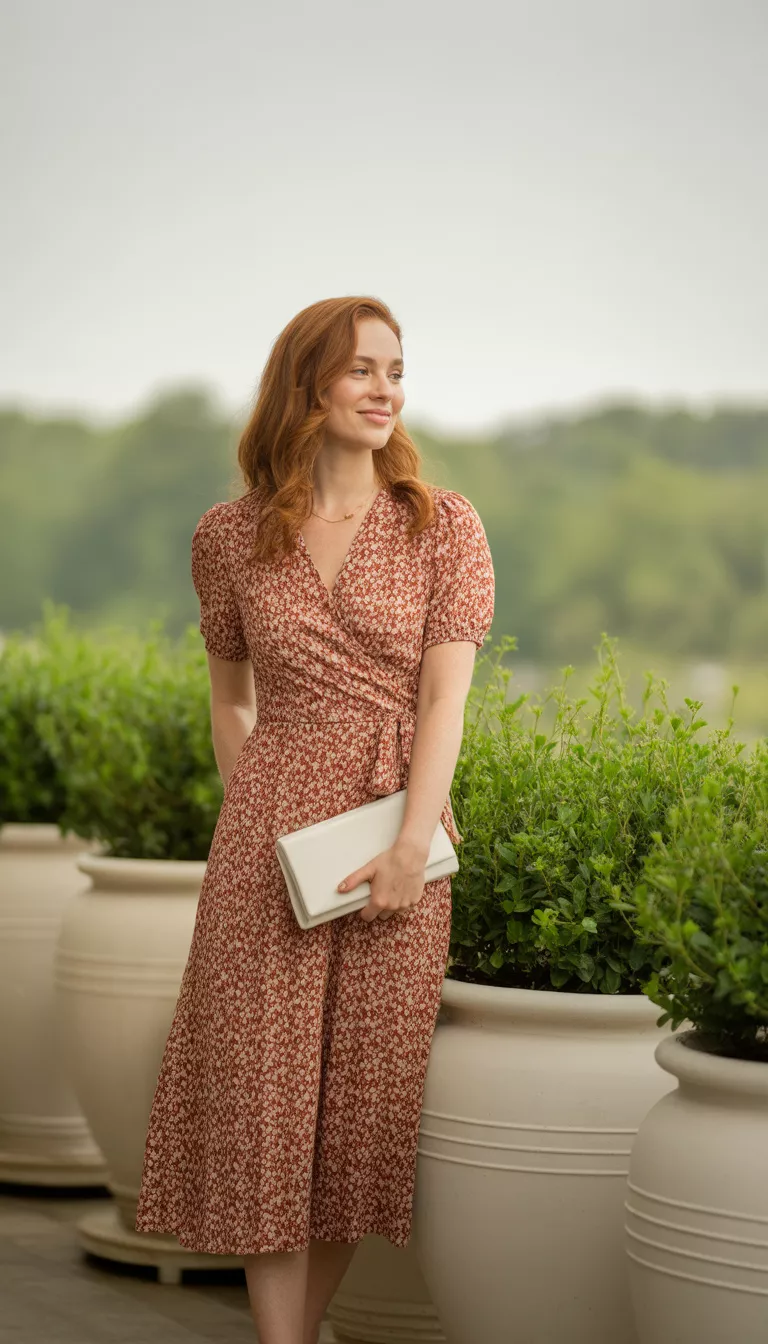 A beautiful woman in a rust-colored floral print midi wrap dress with short sleeves and a white clutch, framed by large white planters.
