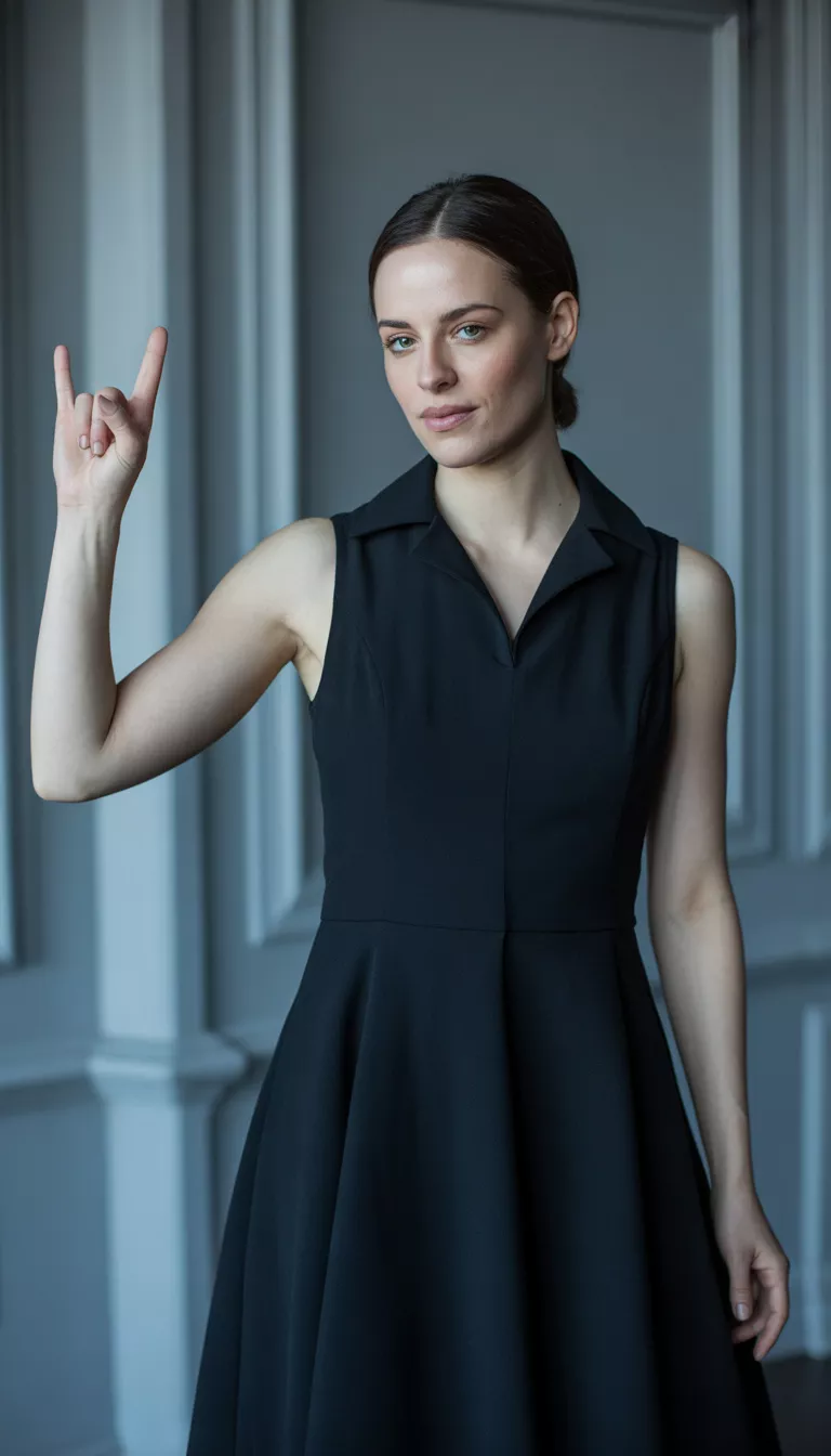 A beautiful woman in a sleeveless black collared A-line dress making a rock-on gesture indoors against a light gray wall.